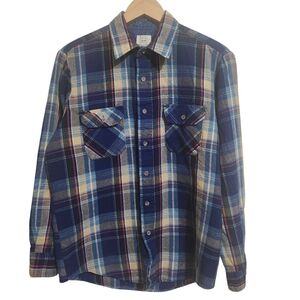 Vintage Sears Brown and Blue Plaid Flannel Shirt button pockets men size‎ medium